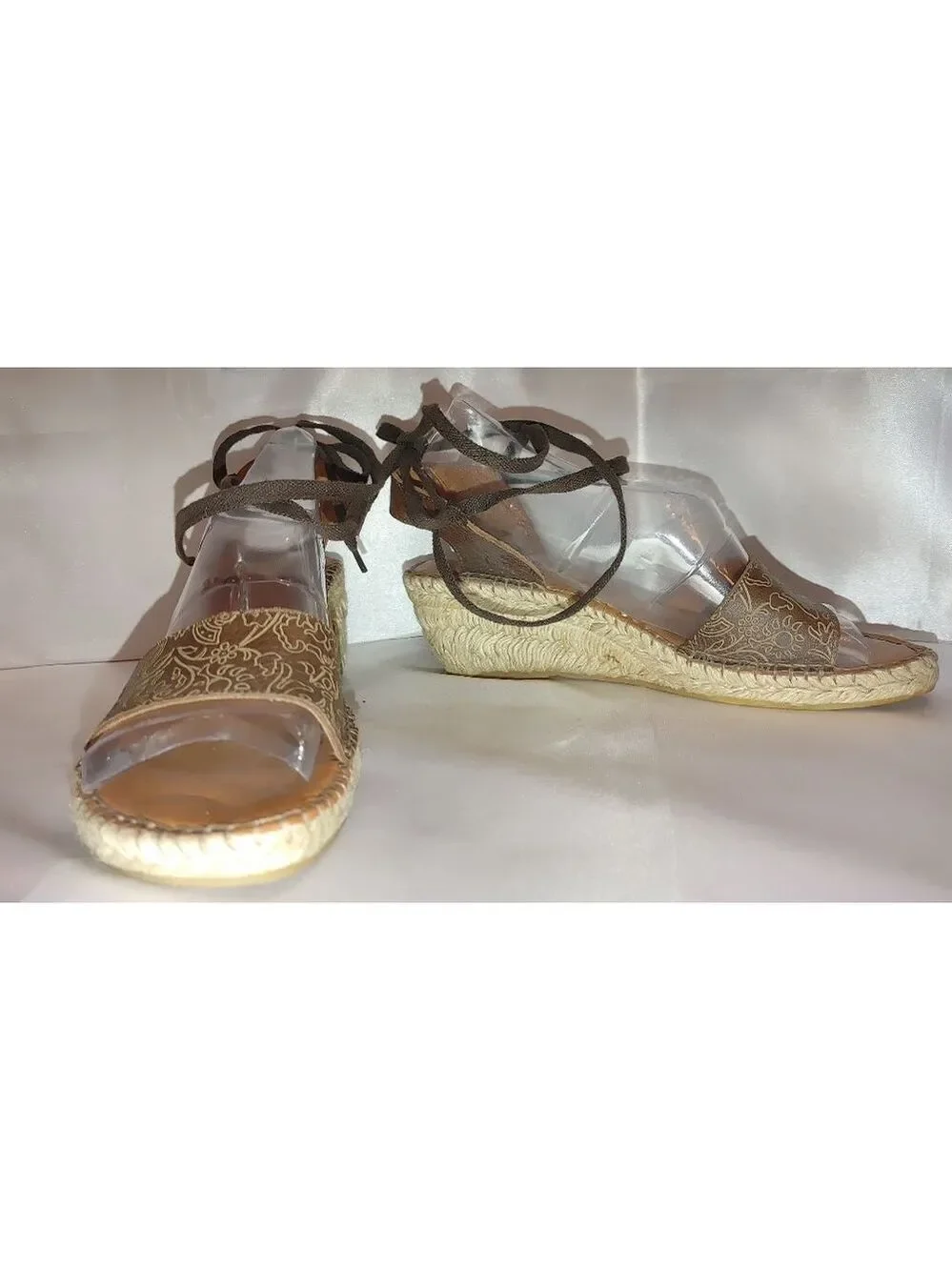 Eric Michael Leather Ankle Wrap Lace Up Espadrille Wedge Size 40